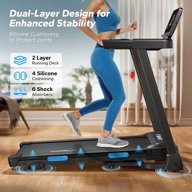 Foldable Incline Quiet Double Deck Technology Treadmill 4 Silicone Shock Cushion Heart Rate Monitoring
