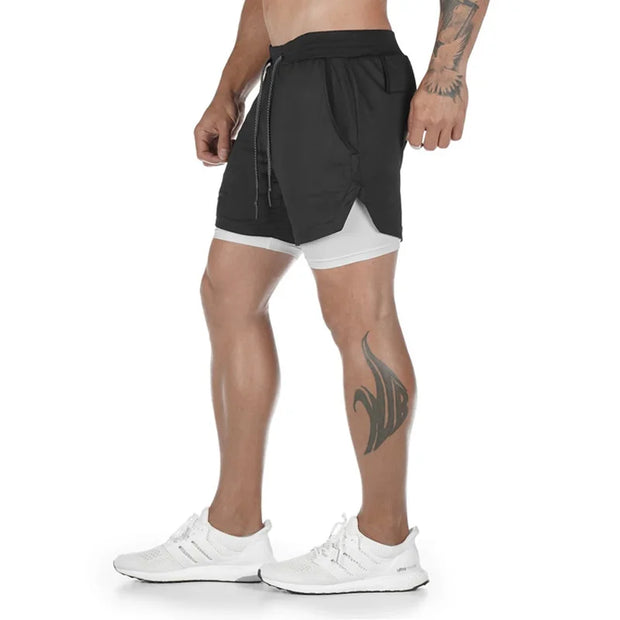 Men's 2 In 1 Quick Drying Running Shorts Gym Exercise Shorts