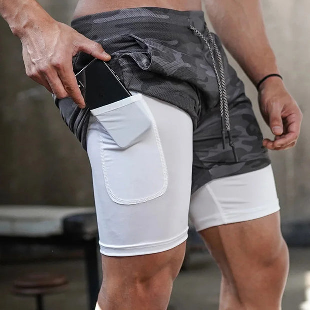 Men's 2 In 1 Quick Drying Running Shorts Gym Exercise Shorts