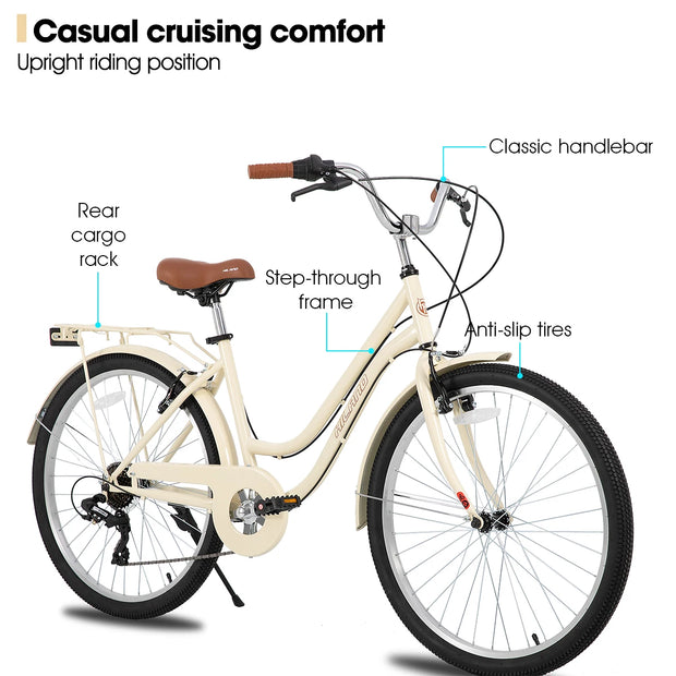 26 inch 7 Speed Beach Cruiser Bike for Men and Women with Rear Rack