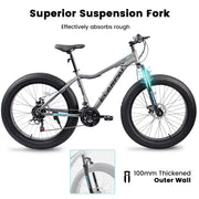 26 Inch 21 Speed Mountain Bike, 4-Inch Wide Fat Tire, Steel Frame, Disc Brake