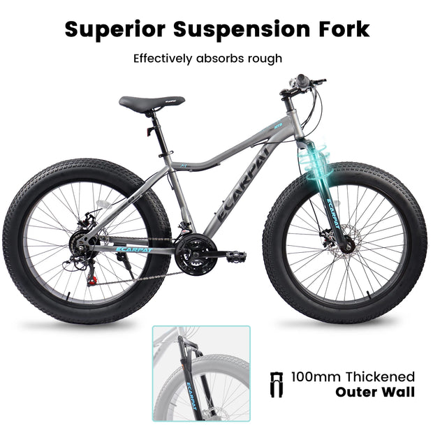 26 Inch 21 Speed Mountain Bike, 4-Inch Wide Fat Tire, Steel Frame, Disc Brake