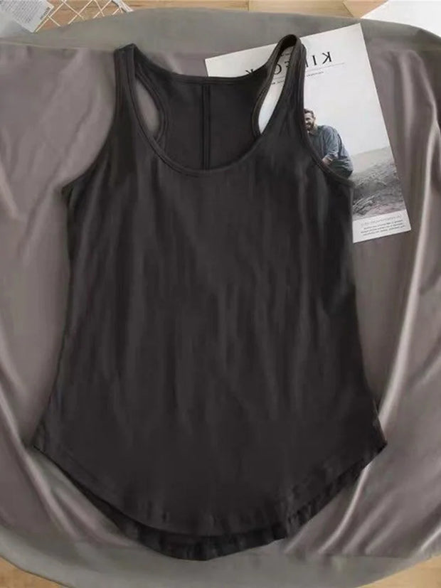Women's Summer O-neck Sleeveless Solid Color Loose Basic Camisole Fitness Sport Tank Top