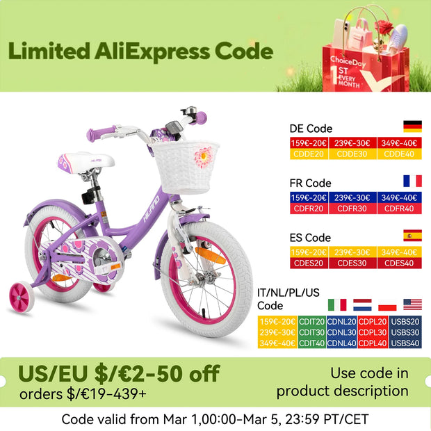 Girls12/14/16 Inch Bicycle with Basket and Stabilizers
