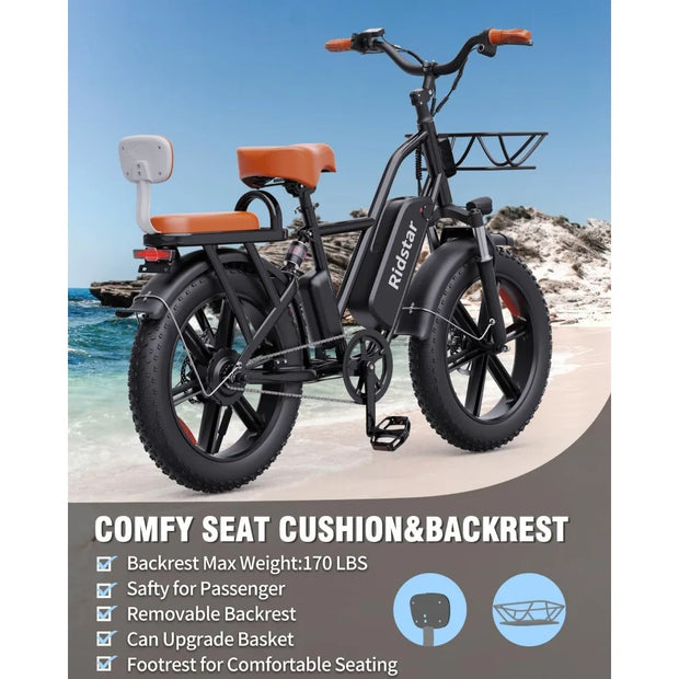 Ebike 20" x 4.0 Fat Tire Beach Mountain Commuting 2 Seater Electric Bike for Adults, 48V 15AH Removable Battery