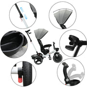 6-in-1 Baby Push Bike Steer Stroller, Detachable Guardrail, Adjustable Canopy, Safety Harness, Folding Pedal