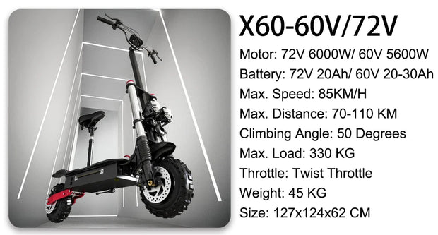10/11 Inch 48V-72V 1000W-6000W  Off Road Electric Kick Scooter Foldable Adult 50-85km/h