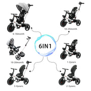 6-in-1 Baby Push Bike Steer Stroller, Detachable Guardrail, Adjustable Canopy, Safety Harness, Folding Pedal