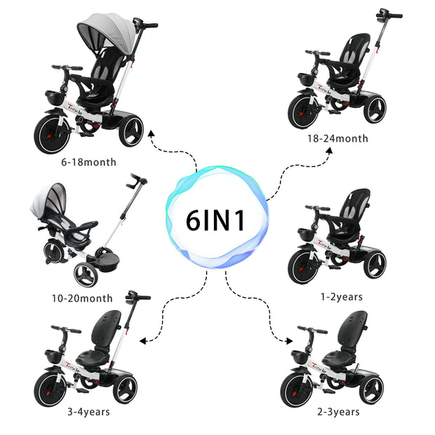 6-in-1 Baby Push Bike Steer Stroller, Detachable Guardrail, Adjustable Canopy, Safety Harness, Folding Pedal