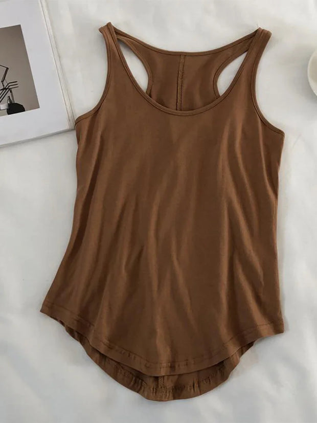 Women's Summer O-neck Sleeveless Solid Color Loose Basic Camisole Fitness Sport Tank Top