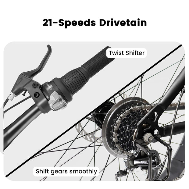 26 Inch 21 Speed Mountain Bike, 4-Inch Wide Fat Tire, Steel Frame, Disc Brake