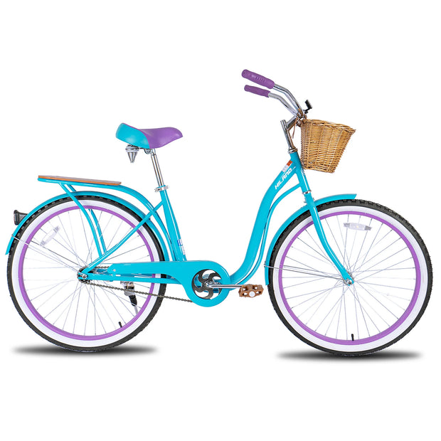 26 Inch Single Speed Beach Bike for Women with Basket and Rear Cargo