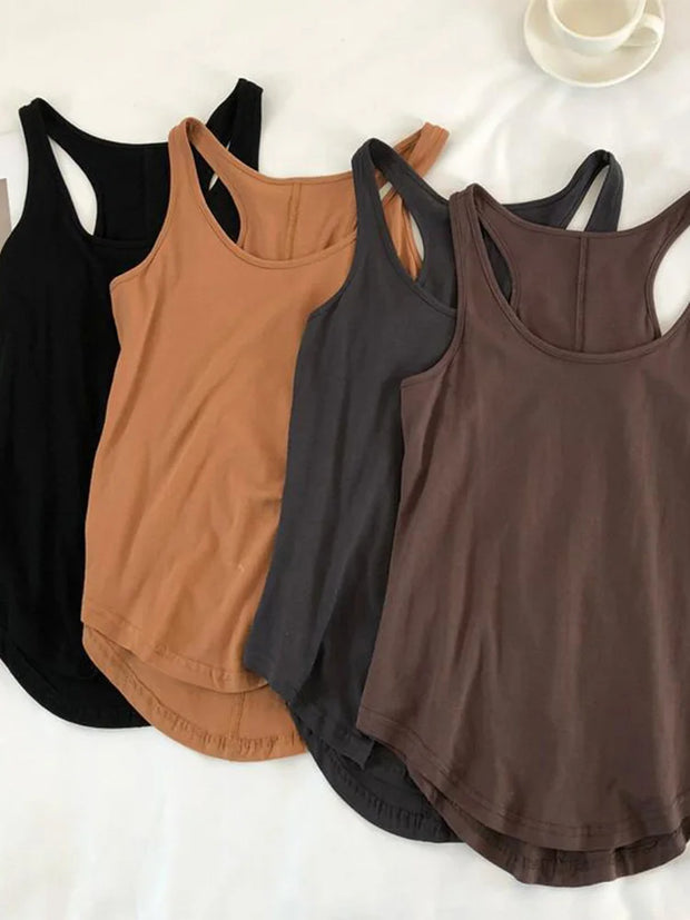 Women's Summer O-neck Sleeveless Solid Color Loose Basic Camisole Fitness Sport Tank Top