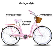 26 Inch Single Speed Beach Bike for Women with Basket and Rear Cargo