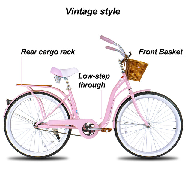 26 Inch Single Speed Beach Bike for Women with Basket and Rear Cargo
