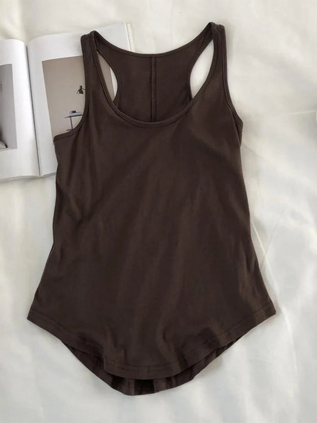 Women's Summer O-neck Sleeveless Solid Color Loose Basic Camisole Fitness Sport Tank Top