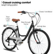 26 inch Complete Beach Cruiser Bicycle for Women, 7 Speed Step-Through Frame with Rear Rack