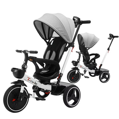6-in-1 Baby Push Bike Steer Stroller, Detachable Guardrail, Adjustable Canopy, Safety Harness, Folding Pedal