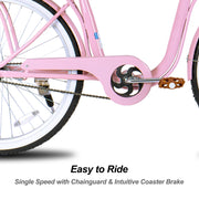 26 Inch Single Speed Beach Bike for Women with Basket and Rear Cargo