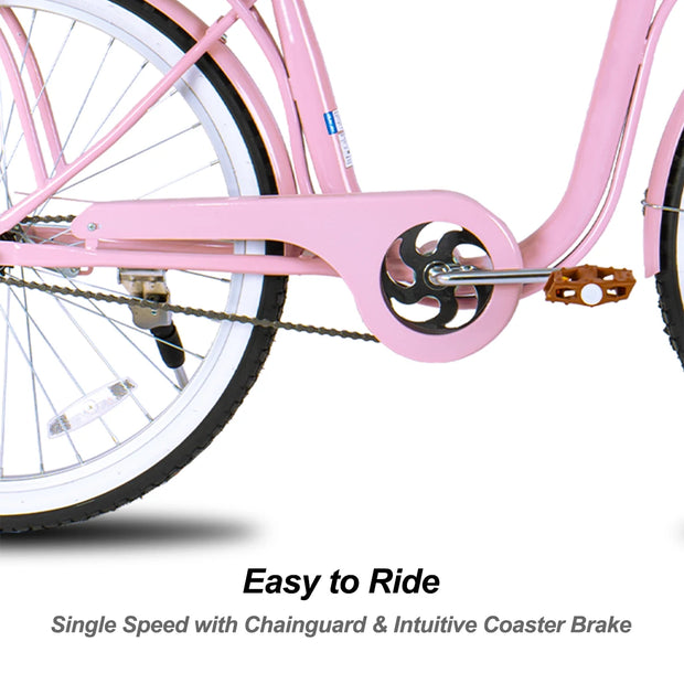 26 Inch Single Speed Beach Bike for Women with Basket and Rear Cargo