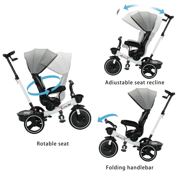6-in-1 Baby Push Bike Steer Stroller, Detachable Guardrail, Adjustable Canopy, Safety Harness, Folding Pedal