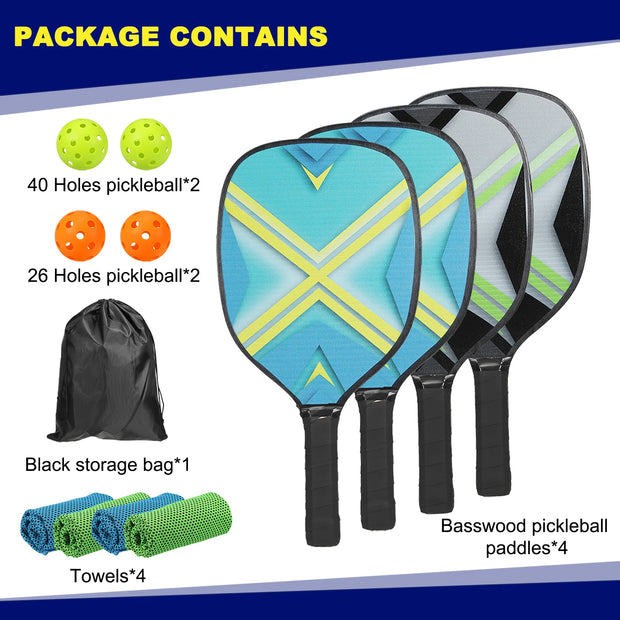 4 Premium Wood Pickleball Rackets 4 Pickleball Balls 4 Cooling Towels a Carry Bag
