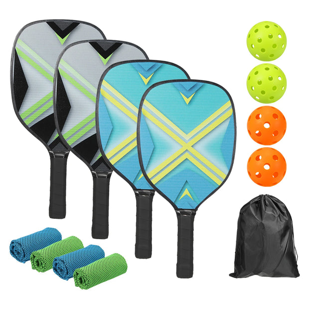 4 Premium Wood Pickleball Rackets 4 Pickleball Balls 4 Cooling Towels a Carry Bag