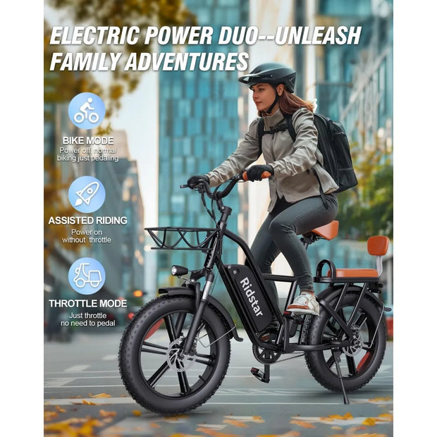Ebike 20" x 4.0 Fat Tire Beach Mountain Commuting 2 Seater Electric Bike for Adults, 48V 15AH Removable Battery