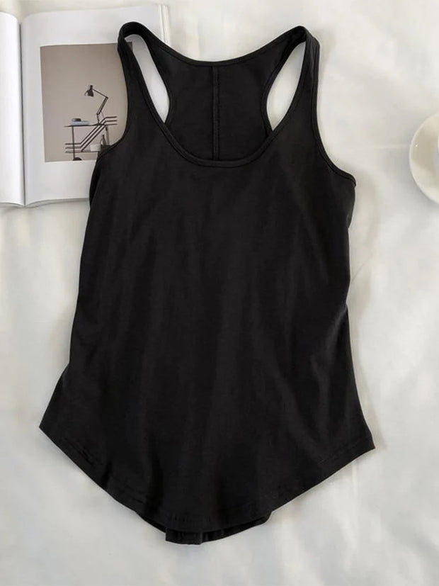 Women's Summer O-neck Sleeveless Solid Color Loose Basic Camisole Fitness Sport Tank Top