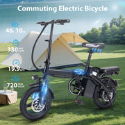 400W dual disc brake adult foldable e-bike with seat and basket 14 inches 48V 10.4Ah 22 mile range 20MPH