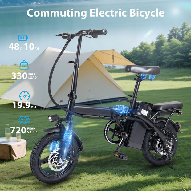 400W dual disc brake adult foldable e-bike with seat and basket 14 inches 48V 10.4Ah 22 mile range 20MPH
