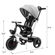 6-in-1 Baby Push Bike Steer Stroller, Detachable Guardrail, Adjustable Canopy, Safety Harness, Folding Pedal