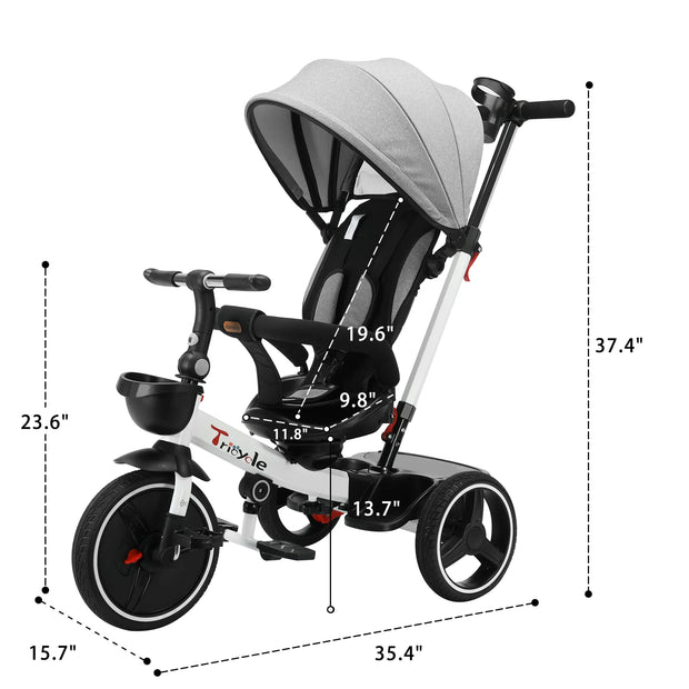 6-in-1 Baby Push Bike Steer Stroller, Detachable Guardrail, Adjustable Canopy, Safety Harness, Folding Pedal
