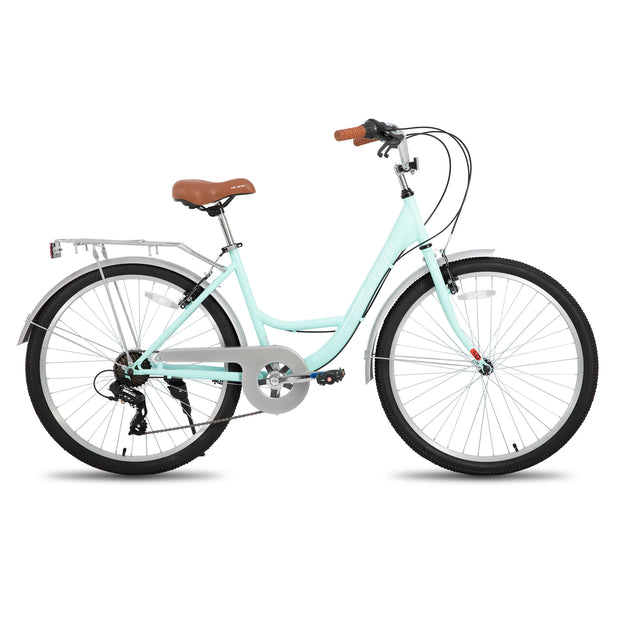 26 inch Complete Beach Cruiser Bicycle for Women, 7 Speed Step-Through Frame with Rear Rack